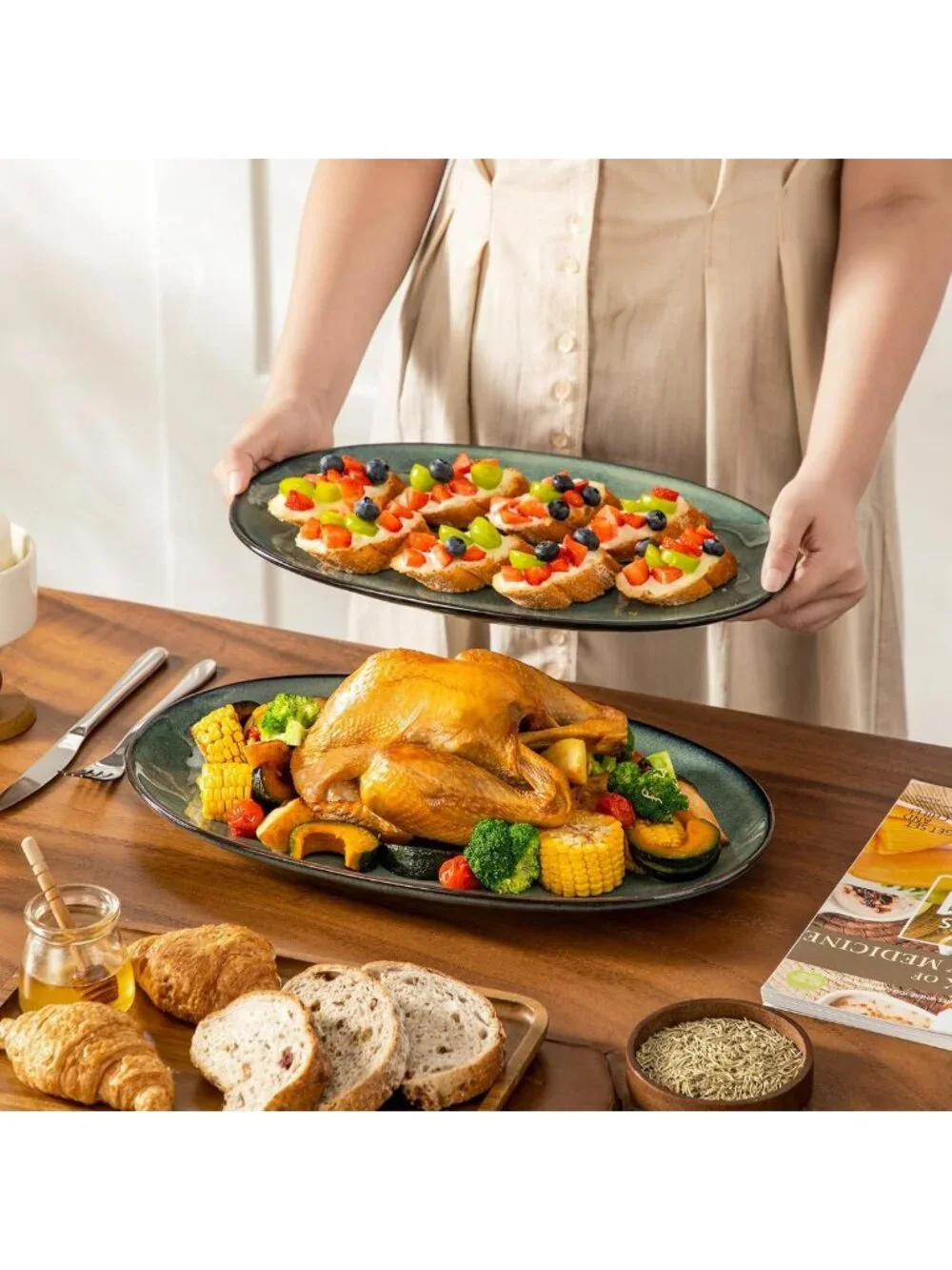 Ceramic Serving Platters Set of 3 - Oval Stoneware Dishes for Entertaining